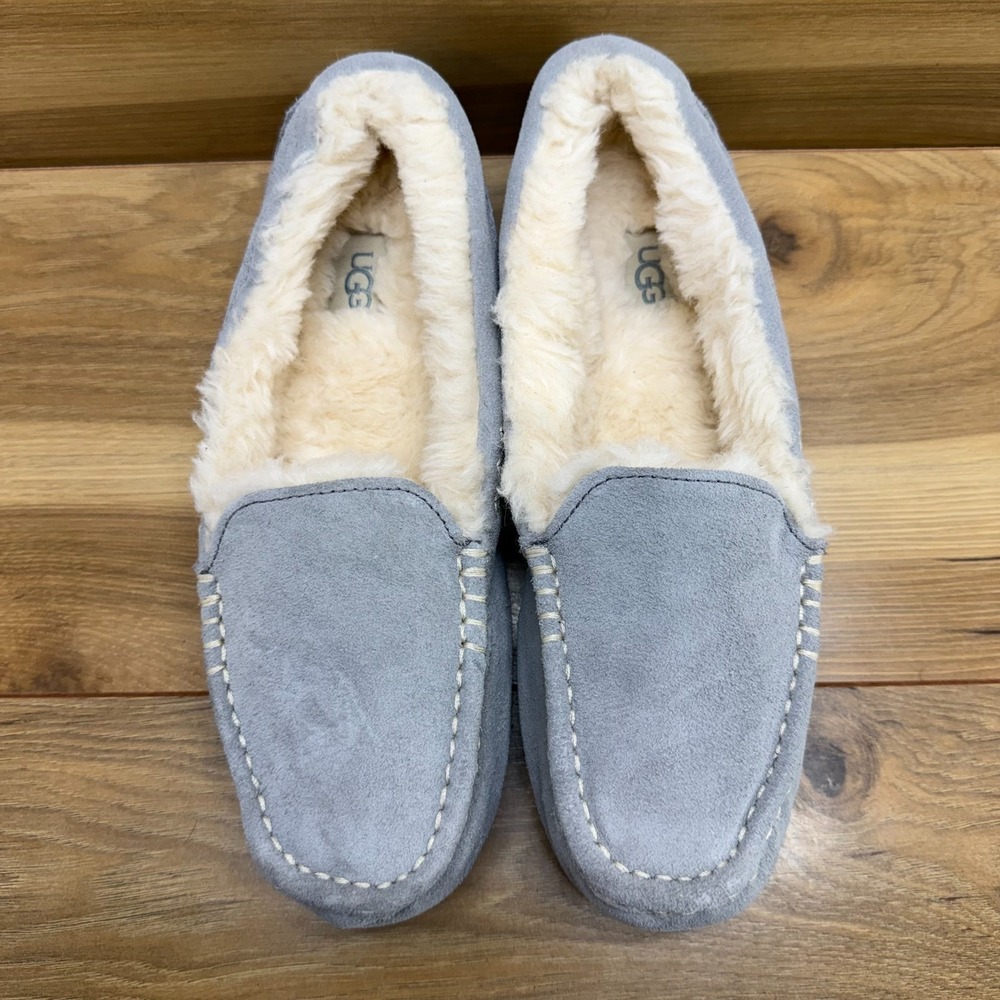 UGG Ansley Slippers Womens 8.5 Gray Suede Shearling Sherpa Cozy Loafers Moc Toe